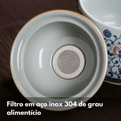 Conjunto Flor de Porcelana - Bule Infusor de Chá Rotativo