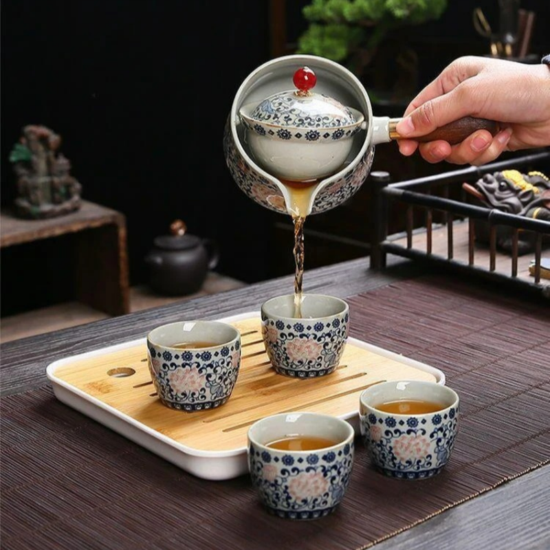 Conjunto Flor de Porcelana - Bule Infusor de Chá Rotativo