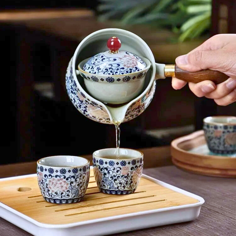 Conjunto Flor de Porcelana - Bule Infusor de Chá Rotativo