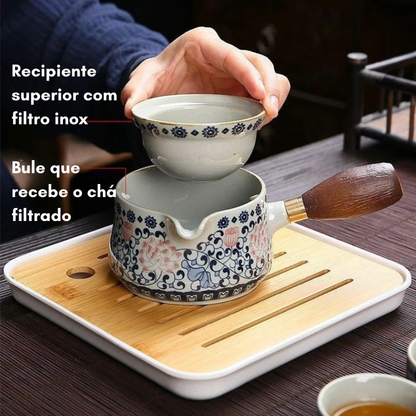 Conjunto Flor de Porcelana - Bule Infusor de Chá Rotativo