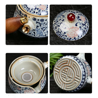 Conjunto Flor de Porcelana - Bule Infusor de Chá Rotativo