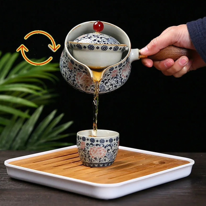 Conjunto Flor de Porcelana - Bule Infusor de Chá Rotativo